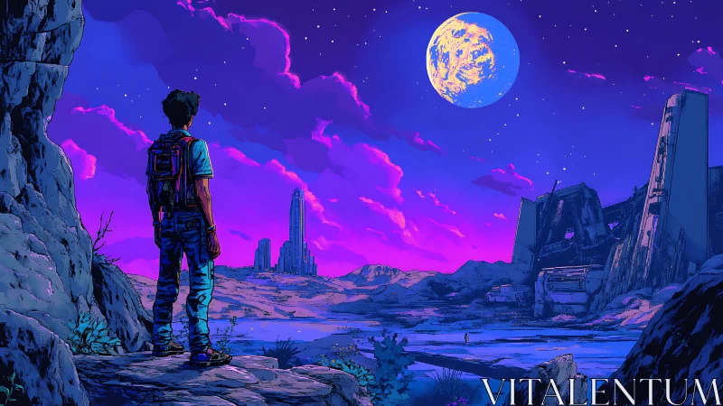 Solitary explorer observing alien ruins under bioluminescent moon