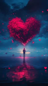 Man Gazes at Glowing Heart-Shaped Sky Above Water