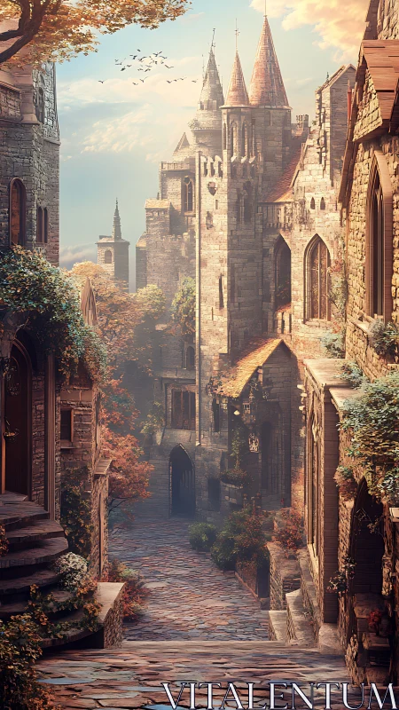 Quiet medieval stone street beneath tall castle towers.