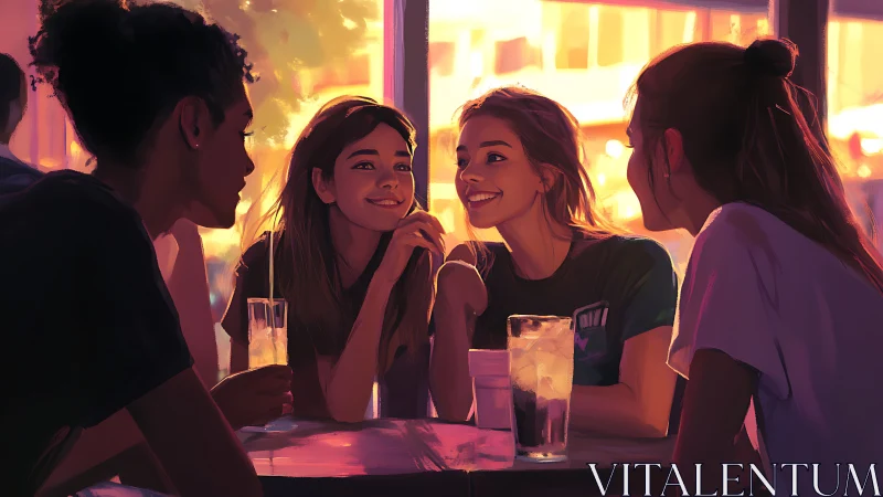 Group of Friends Laughing at Café Table, Warm Sunset Lighting.