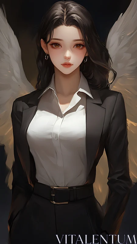 Angel woman in business suit with white wings portrait.