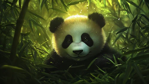 Juvenile panda rendered in luminous, high-detail digital painting