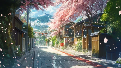 Gentle spring street lined with cherry blossoms and sunlight.