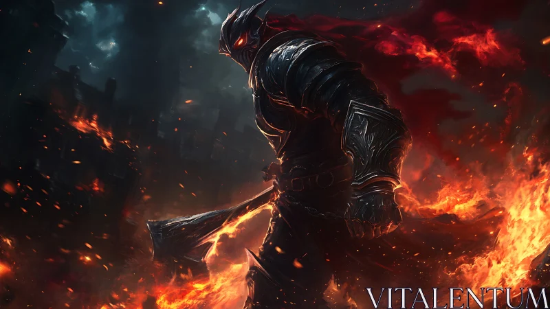 Fiery dark knight strides forward through roaring embers