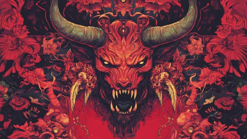 Demonic horned beast roars amid swirling infernal florals