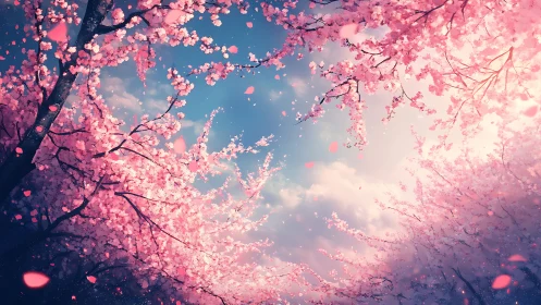 Digital cherry blossom canopy over bright spring sky.