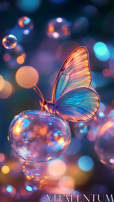 Iridescent butterfly poised on glowing bokeh bubbles.