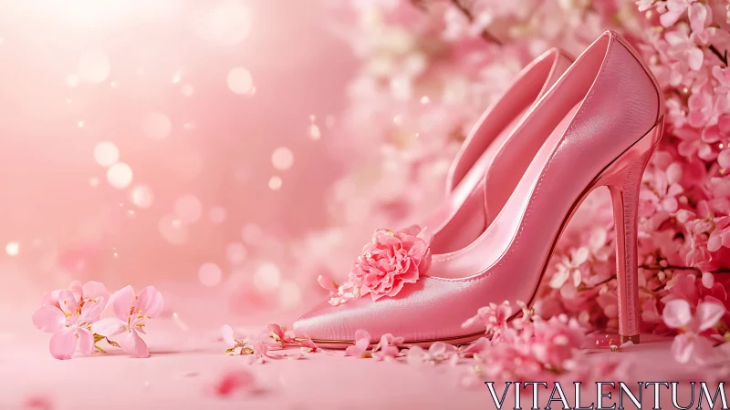 Pink satin stilettos glow amid soft cherry blossoms.