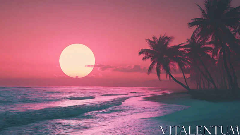 Neon sunset bathes a tranquil palm beach in dreamy light