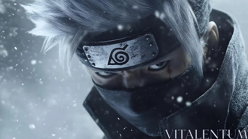 Photorealistic ninja portrait with icy atmospheric close-up.