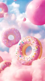 Pink frosted donuts suspended among soft clouds in sky.