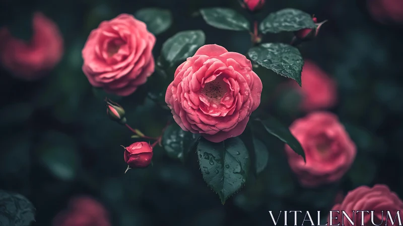Velvet Bloom: Pink Roses Unfurl in Moody Garden Sanctuary.