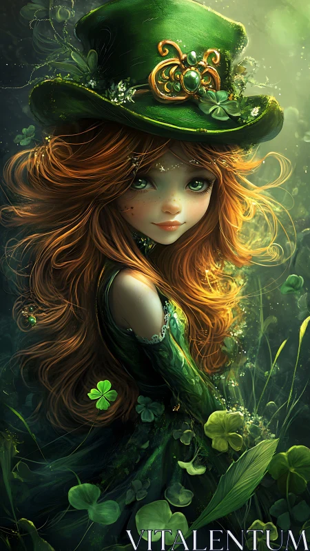 Fantasy digital portrait of Celtic fae girl in emerald hat.