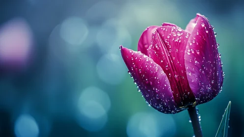 Magenta tulip with dew drops on soft bokeh background