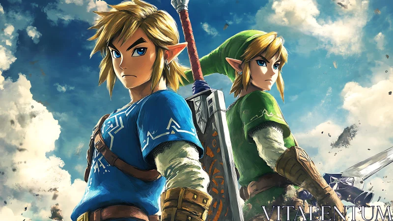 Two fantasy warriors back to back with swords in sky setting.