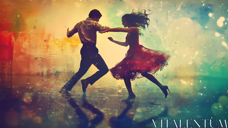 Silhouetted couple dances across glowing water surface