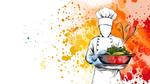 Faceless chef illustration with salad bowl and paint splashes