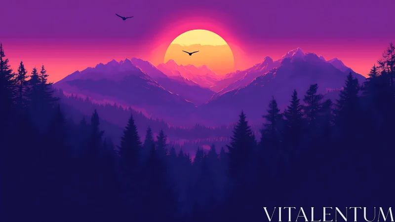 Chromatic alpine sunset panorama with silhouetted conifers.