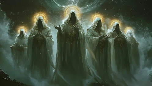 Hooded celestial council stands beneath radiant cosmic halo