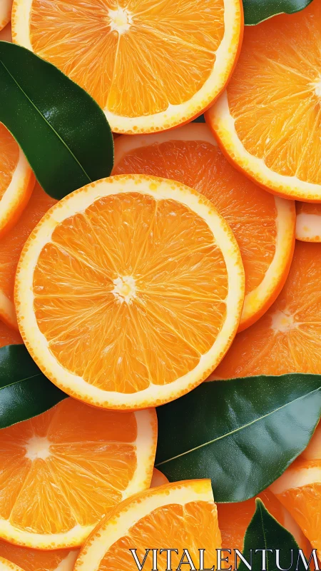 Vibrant orange slices and glossy leaves in tight composition.