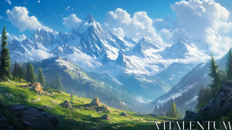 Snowcapped mountain valley under bright summer sky.