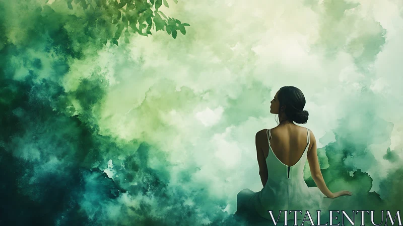 Solitary woman in white dress immersed in abstract green mist