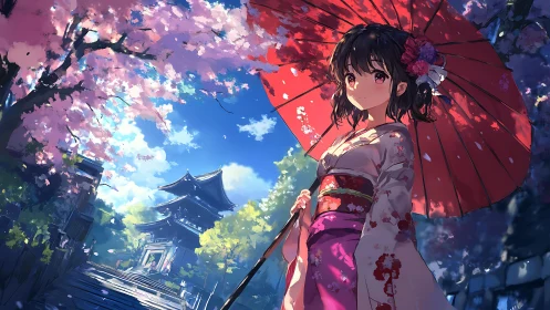 Springtime lantern eyes under a crimson parasol daydream.