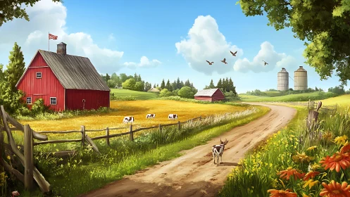 Sunny rural farm landscape with red barn and dirt road.