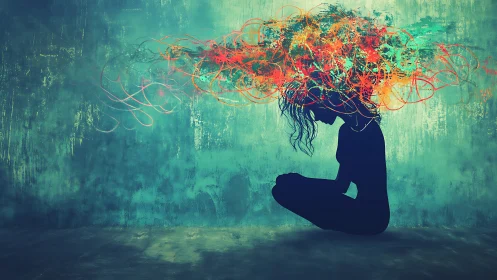 Silhouette meditates beneath chaotic neon abstract mindscape.