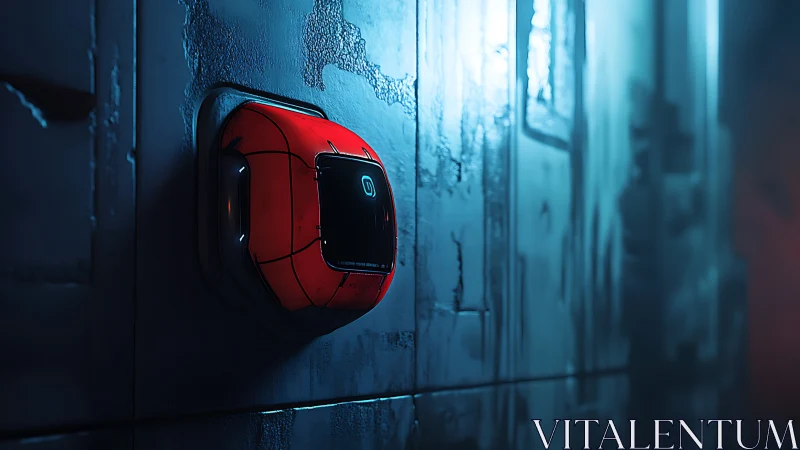 Red emergency device on worn metallic wall in blue light.