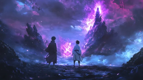 Dual warriors before exploding violet cosmic rift.