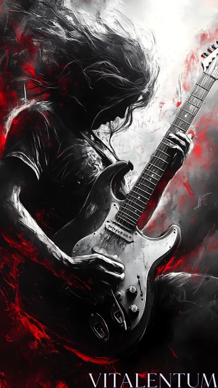 Silhouetted electric guitarist in red, black and white field.