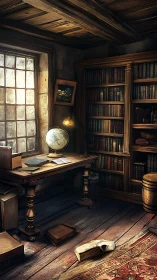 Sunlit cartographic study in timber-framed archival library.