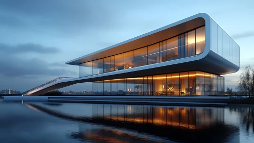 Softly glowing modern lakeside home at blue hour twilight.