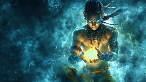 Mystic elf shaman conjures glowing energy sphere in smoke.