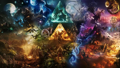 Epic fantasy battle collage around glowing triangle symbol.