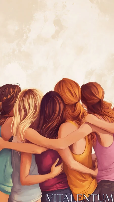 Women standing together in close, supportive embrace.