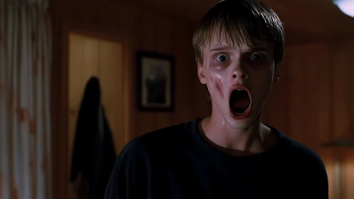 Terrified teenager in dim wooden room, cinematic close-up.