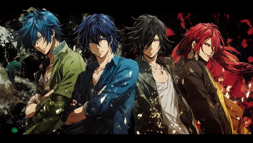 Four anime antiheroes stand amid abstract splatter chaos.