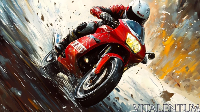 Red superbike racer leans into a high-speed urban corner.