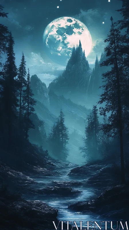 Moonrise above mist-clad peaks and a silver forest river.