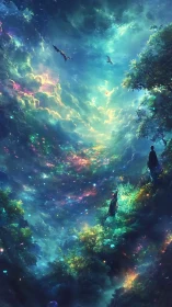 Figures observing luminous sky above dense forest valley.