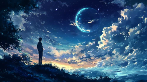 Silhouetted figure observes luminous exoplanet in high-contrast sky