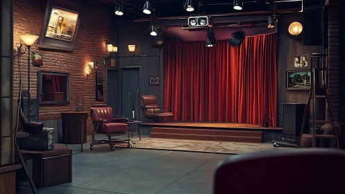 Brickwalled talk show corner glows before the red curtain.
