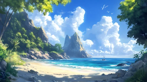 Tropical Beach Cove with Towering Sea Cliffs and Sailing Vessel