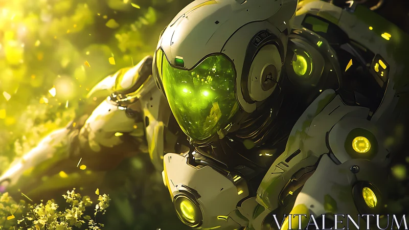 Bioluminescent combat mech emerging through forest light.