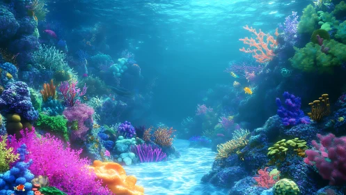 Neon coral canyon where shy golden fish guard quiet light.