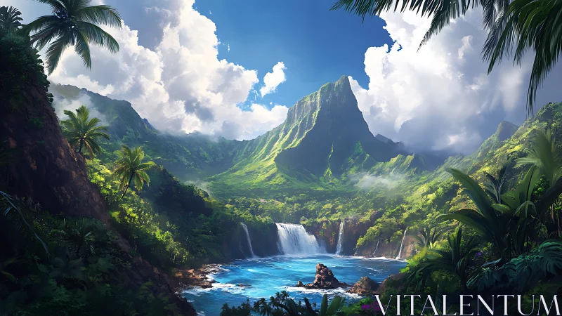 Tropical Valley Paradise: Lush Mountain Waterfall Landscape.