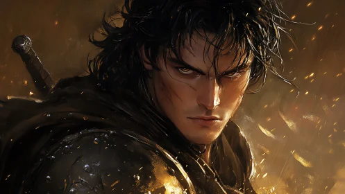 Dark-haired warrior in embers rendered as high-detail digital painting
