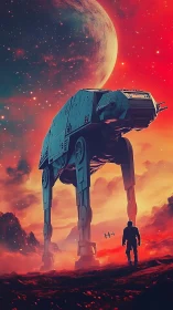 Colossal walker patrols a blazing alien battlefield at dusk